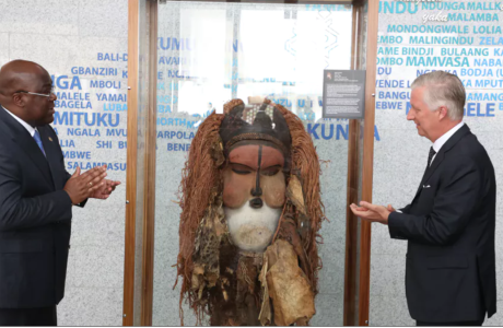 kakuungu mask with Congolese President Tshisekedi and King Philippe of Belgium