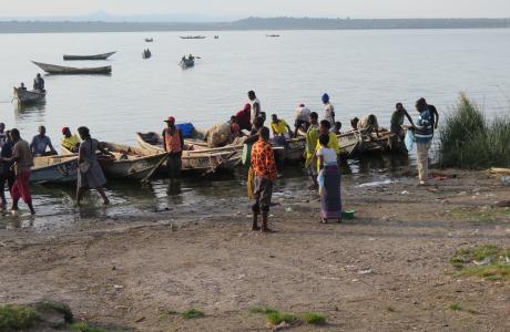 Fishers at a landing site on Lake Edward in Uganda
