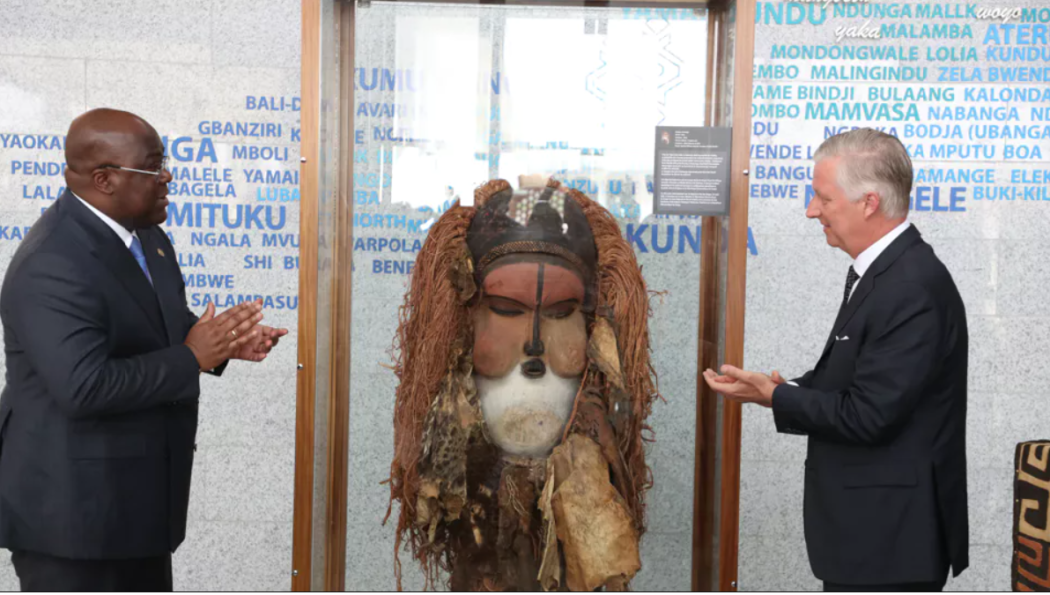 kakungu mask with Congolese President Tshisekedi and King Philippe of Belgium