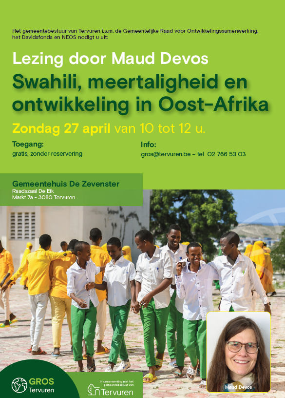 poster van lezing door Maud Devos over Swahili